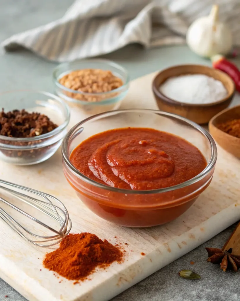 A bowl of homemade adobo sauce surrounded by spices and seasoning ingredients.