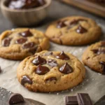 Soft batch chocolate chip cookies with melted chocolate chips on parchment paper