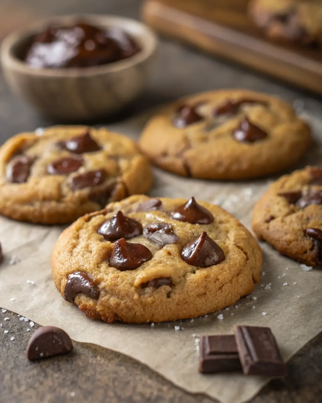 Soft batch chocolate chip cookies with melted chocolate chips on parchment paper