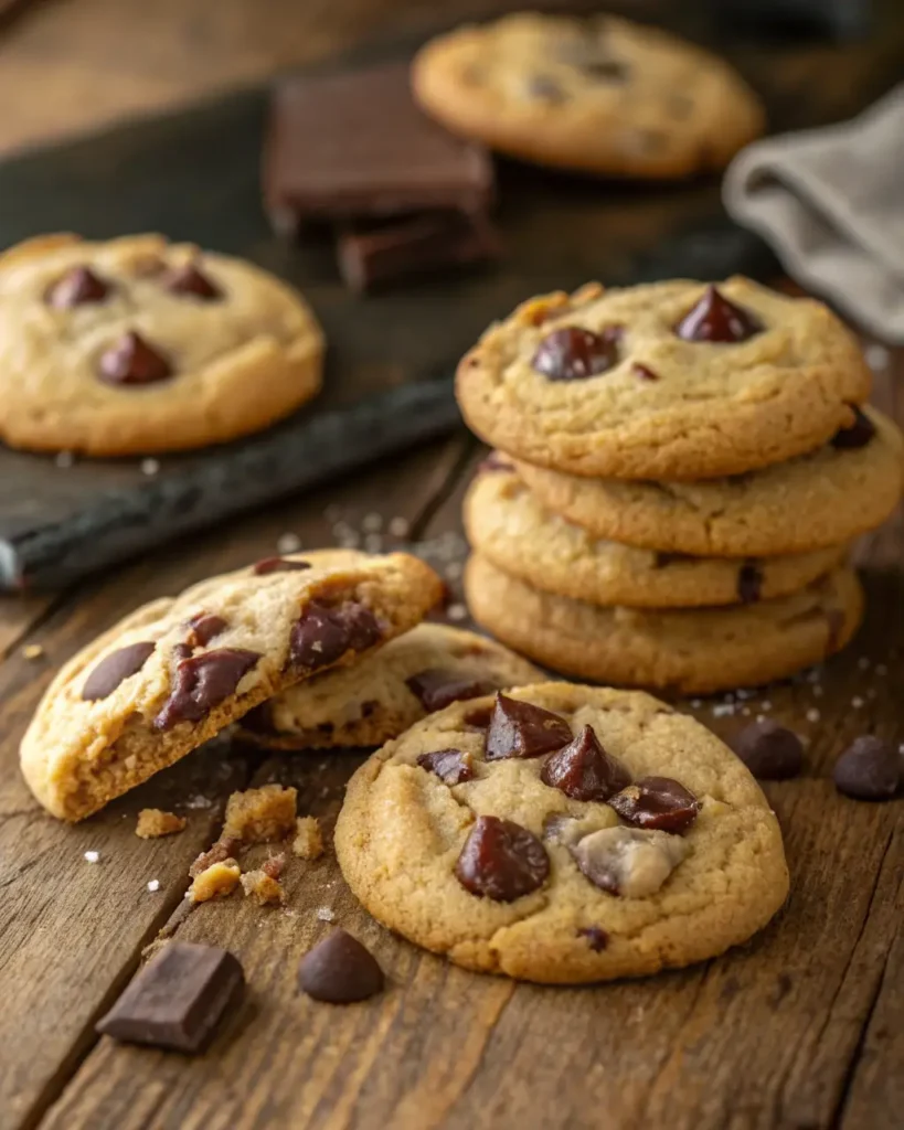 Stack and broken soft chocolate chip cookies with melty chocolate chips on rustic wooden surface