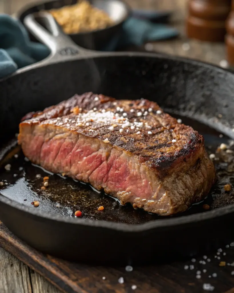 Seared medium-rare steak resting in a hot cast iron skillet.