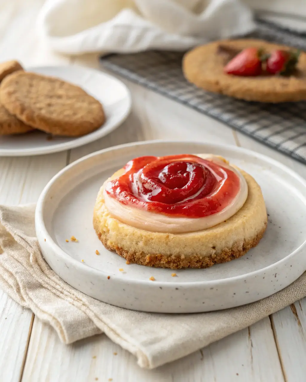 A strawberry cheesecake cookie topped with glossy strawberry glaze on a white plate.
