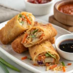 Crispy vegetable egg rolls served with dipping sauces.