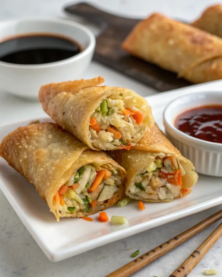Close-up of crispy vegetable egg rolls with colorful veggie filling inside.