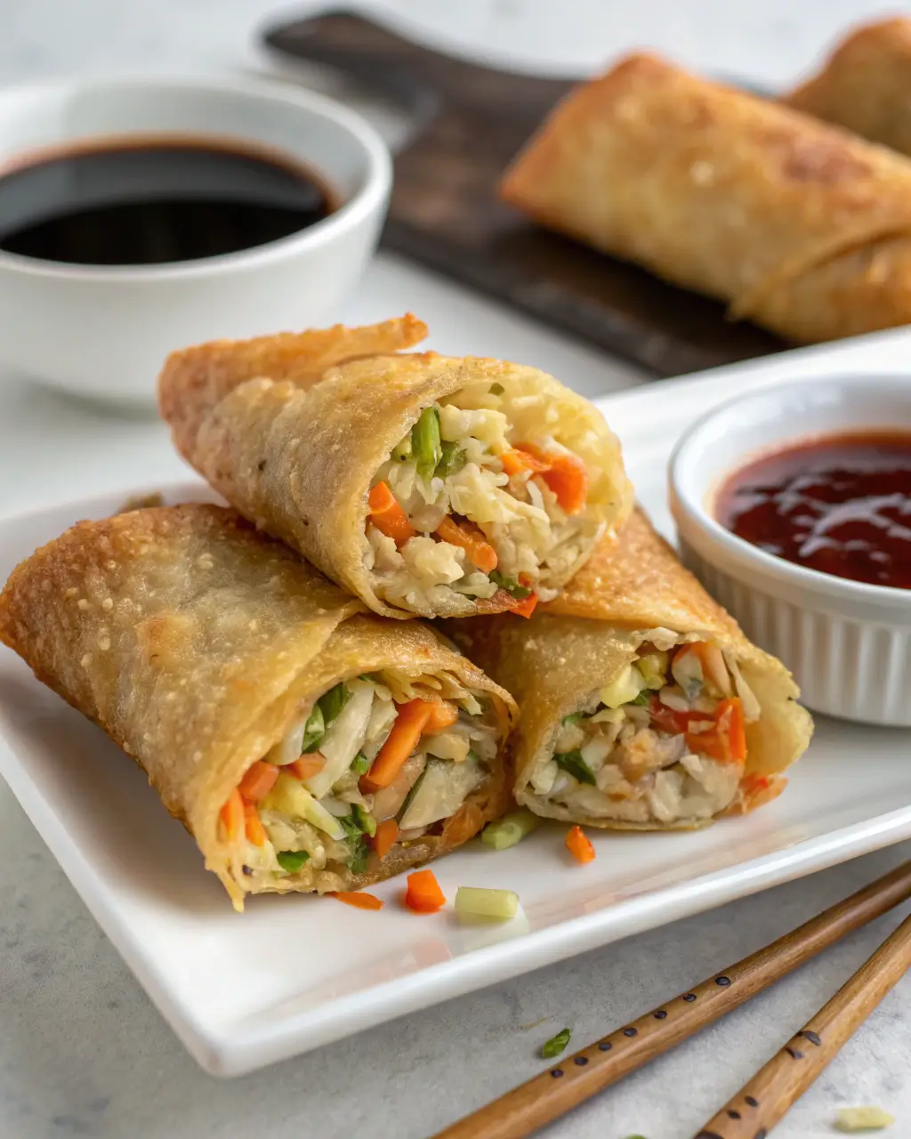 Close-up of crispy vegetable egg rolls with colorful veggie filling inside.