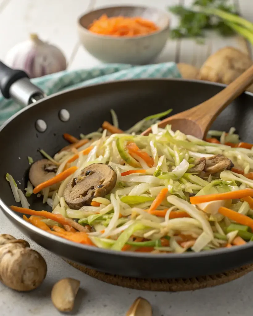Stir-fried vegetables in a pan for vegetable egg rolls.