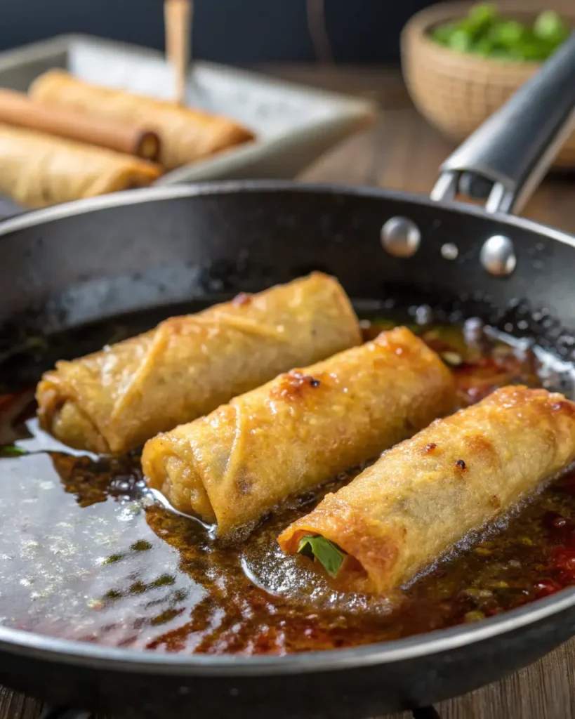 Vegetable egg rolls frying in hot oil, crisping up to golden perfection.