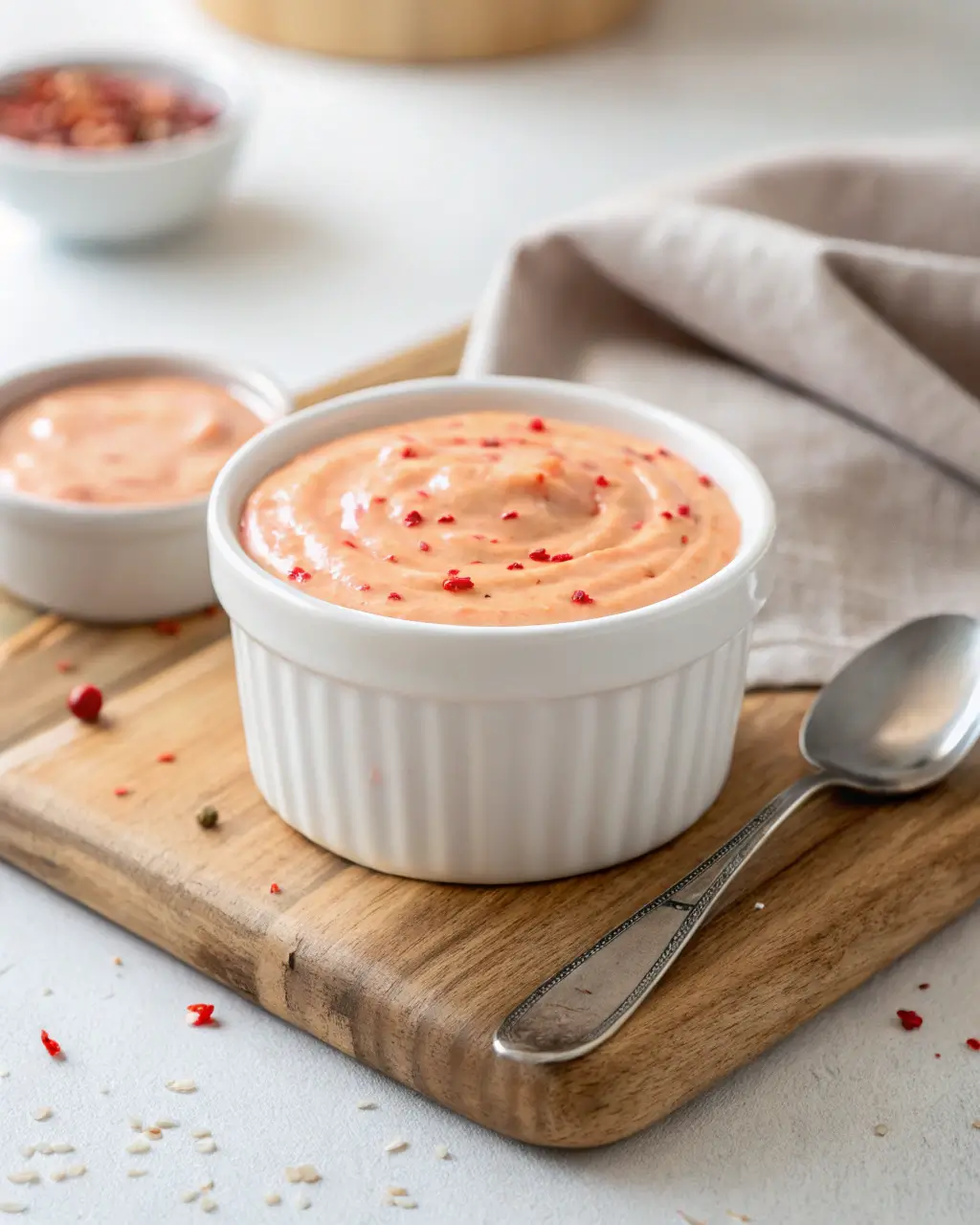 Small white ramekins filled with creamy orange Bang Bang Sauce, sprinkled with red pepper flakes.