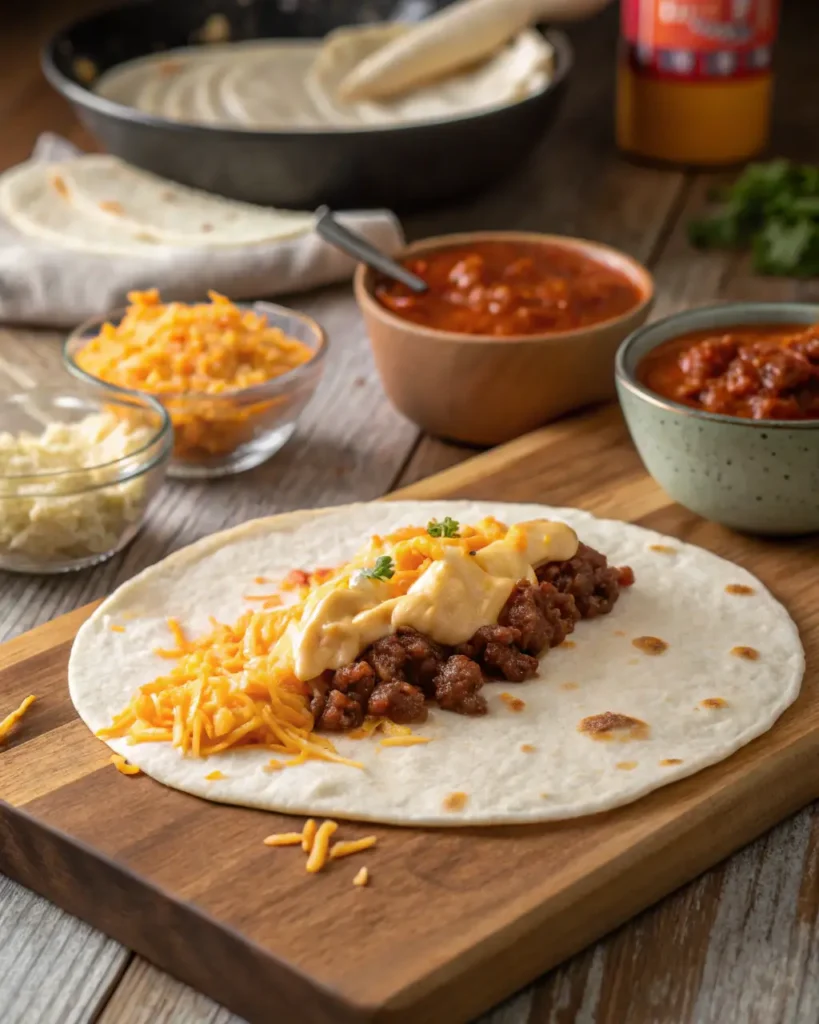 Open burrito with seasoned beef, melted cheese, and queso on a flour tortilla.