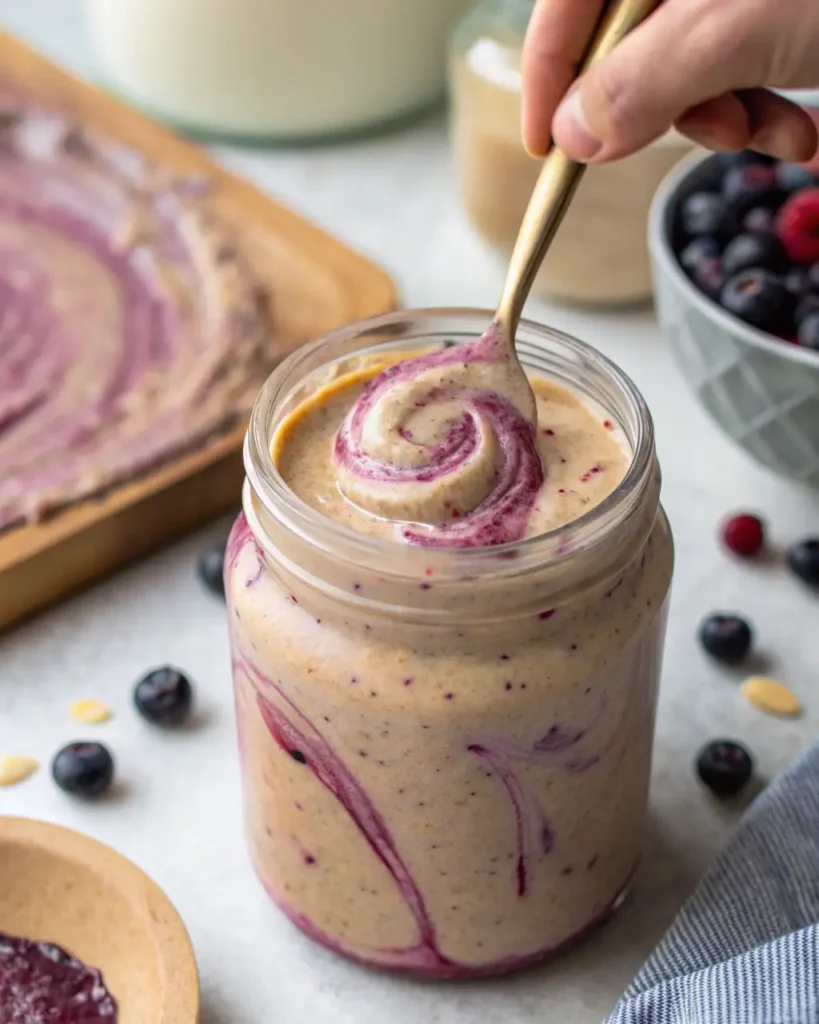 Best Peanut Butter Smoothie Spoon swirling a thick peanut butter and berry smoothie inside a glass jar.