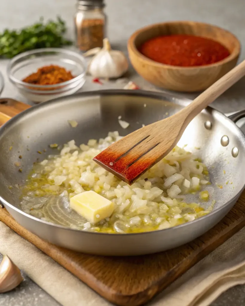 Chopped onions and butter cooking in a skillet with a wooden spatula stirring.