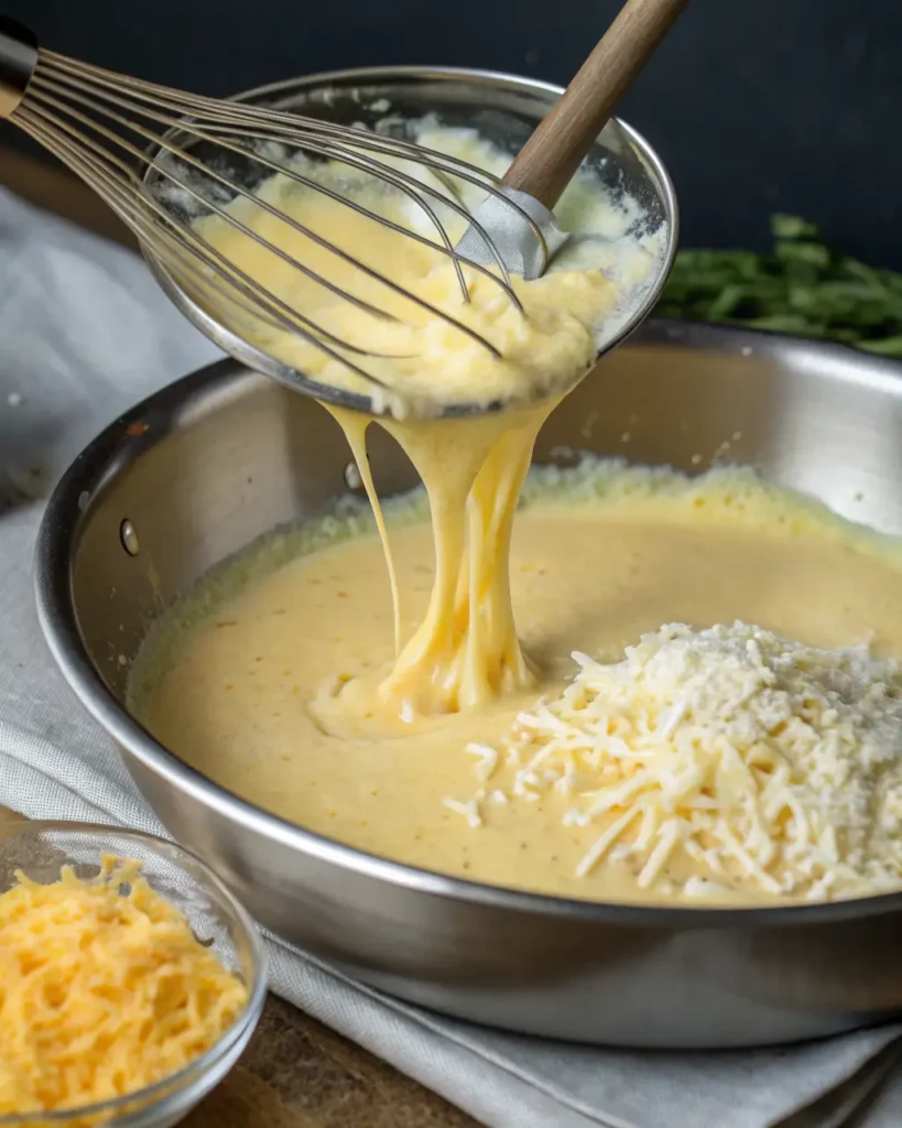 Melted cheese being whisked into a creamy sauce in a skillet.
