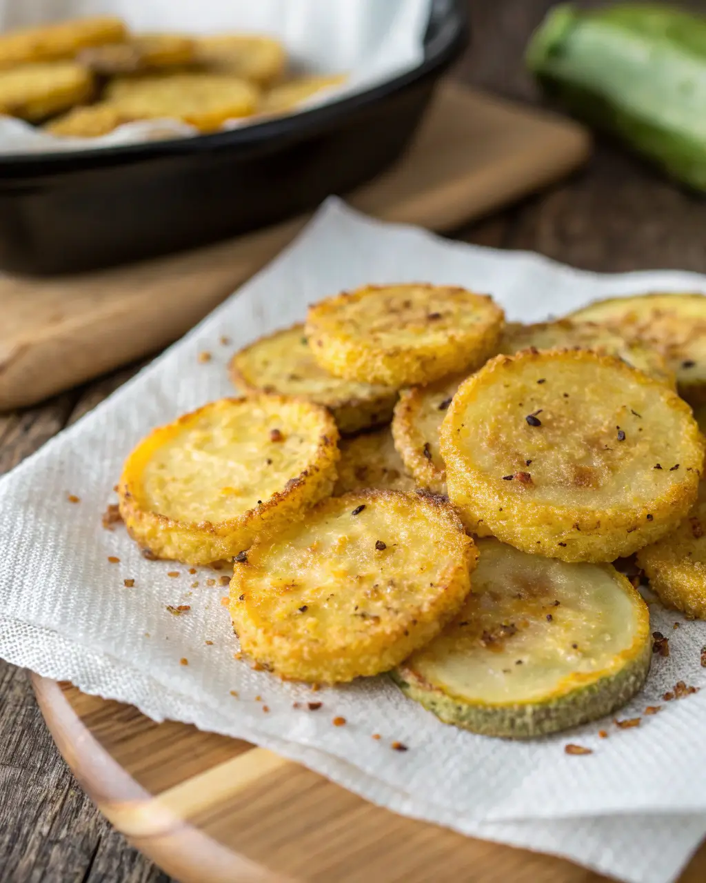 Crispy fried yellow squash slices on a paper towel-lined plate.