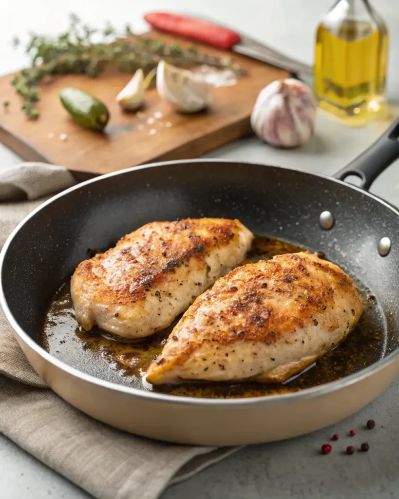Golden-brown grilled chicken breasts in a skillet with fresh herbs, garlic, and oil.