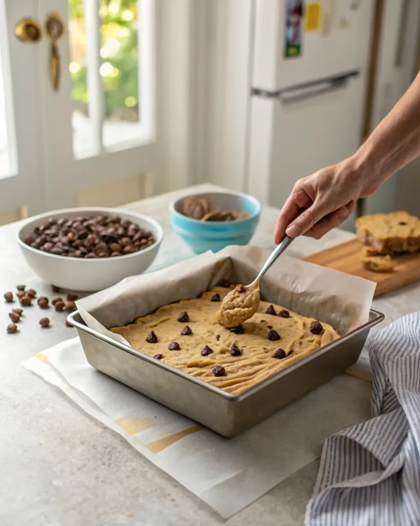 A hand spreads chocolate chip cookie dough in a parchment-lined baking pan.