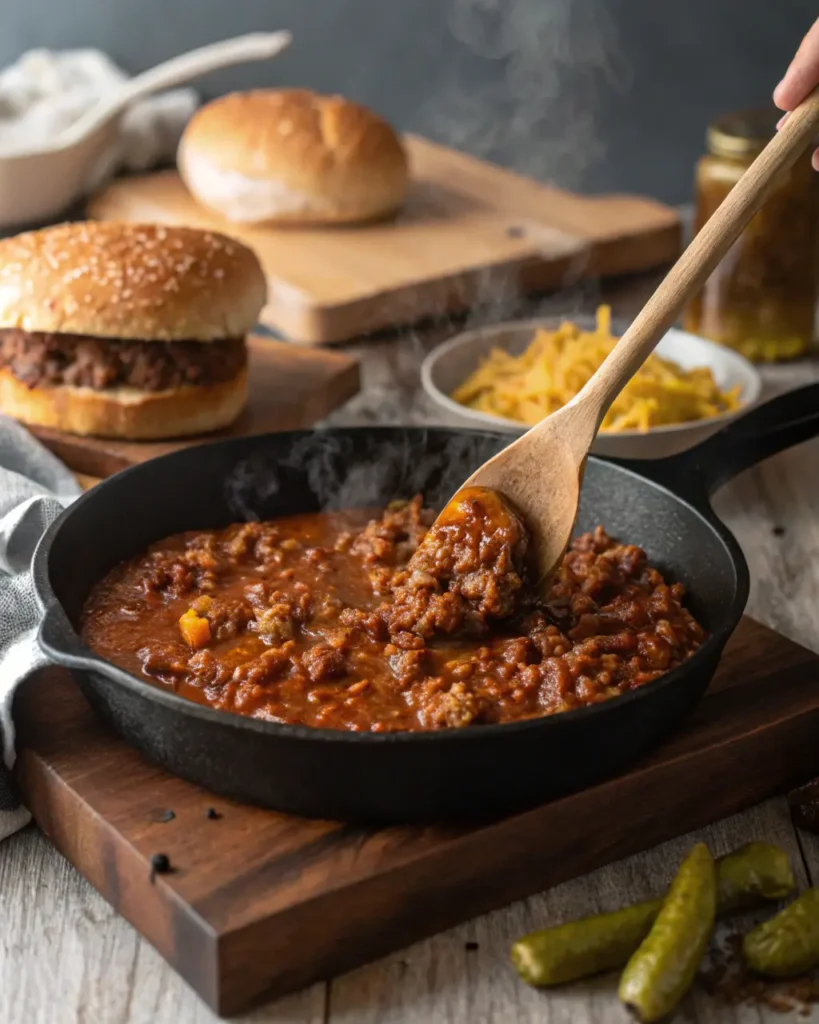 easy sloppy joe recipe 3 ingredients Hot sloppy joe mixture simmering in a skillet with steam and buns in the background.