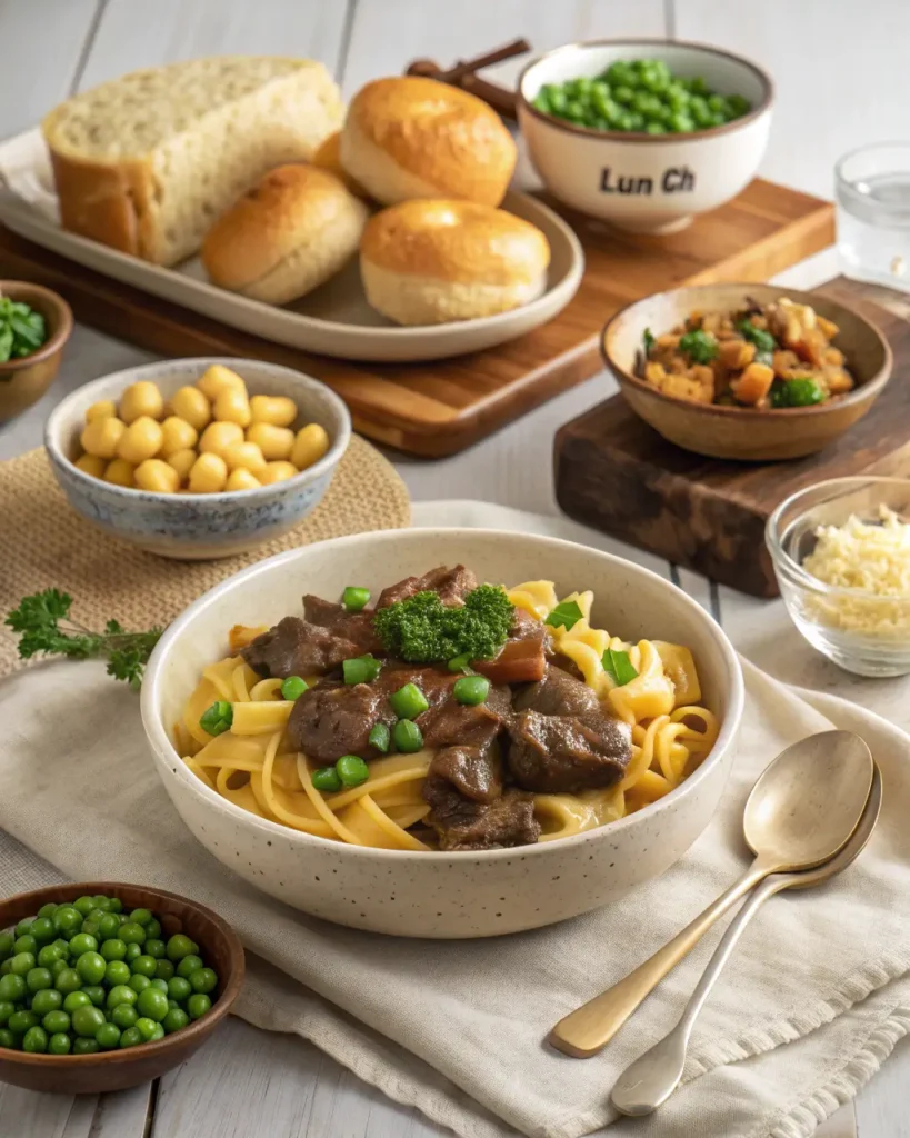 Ground Beef and Noodles recipe Bowl of beef and noodles topped with peas and broccoli, served with bread and sides.