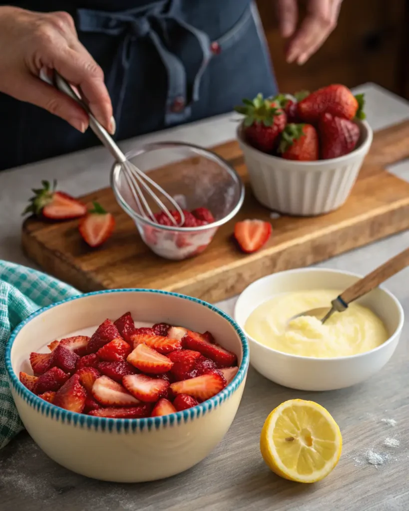 Person whisking sliced strawberries with sugar beside bowls of pudding and fresh fruit.
