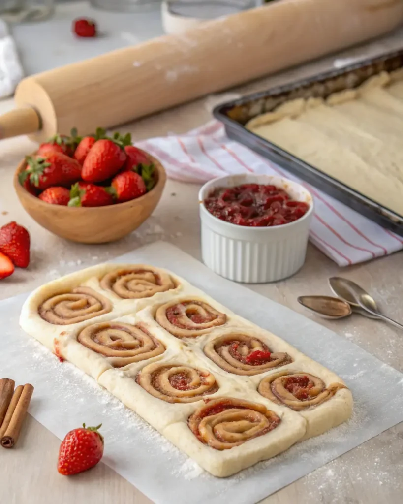 Unbaked strawberry cinnamon rolls on parchment with jam, dough, and fresh berries nearby.