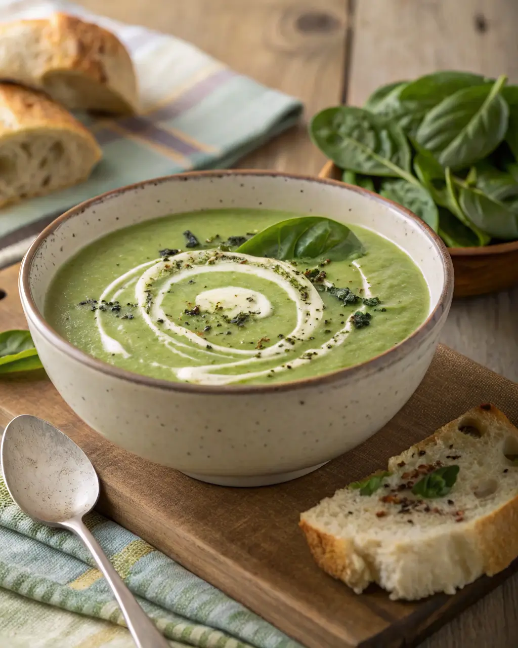 A bowl of creamy green salad soup garnished with cream swirl and herbs.