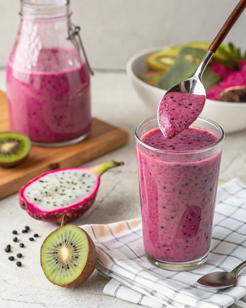 Dragon Fruit Smoothie Recipe Spoon lifting thick pink dragon fruit smoothie from a glass with fresh fruit around.