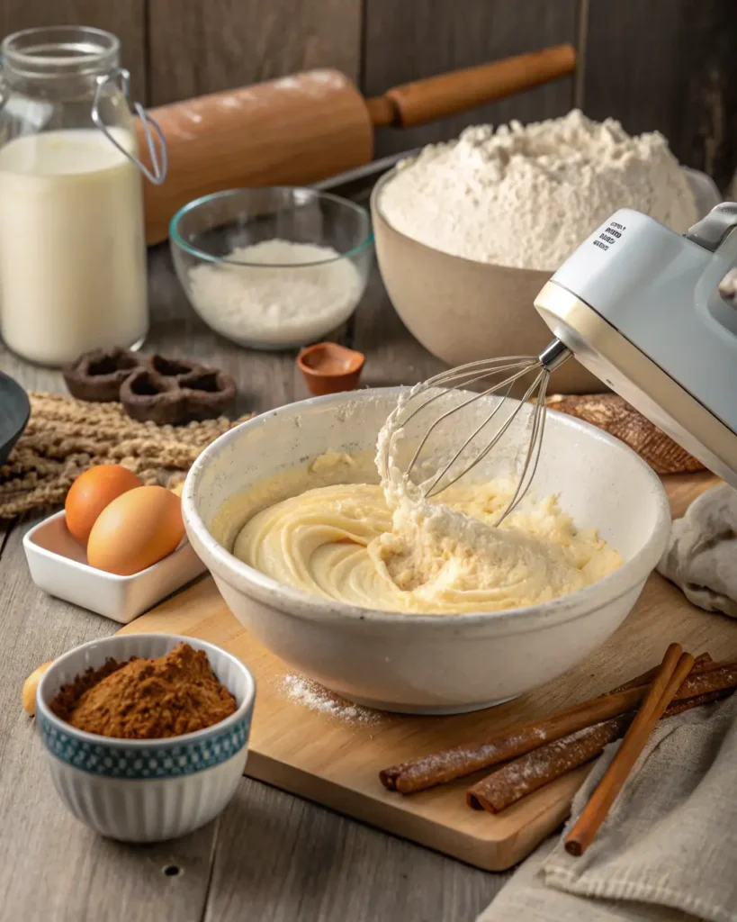 Electric mixer blending cinnamon bread batter surrounded by baking ingredients.