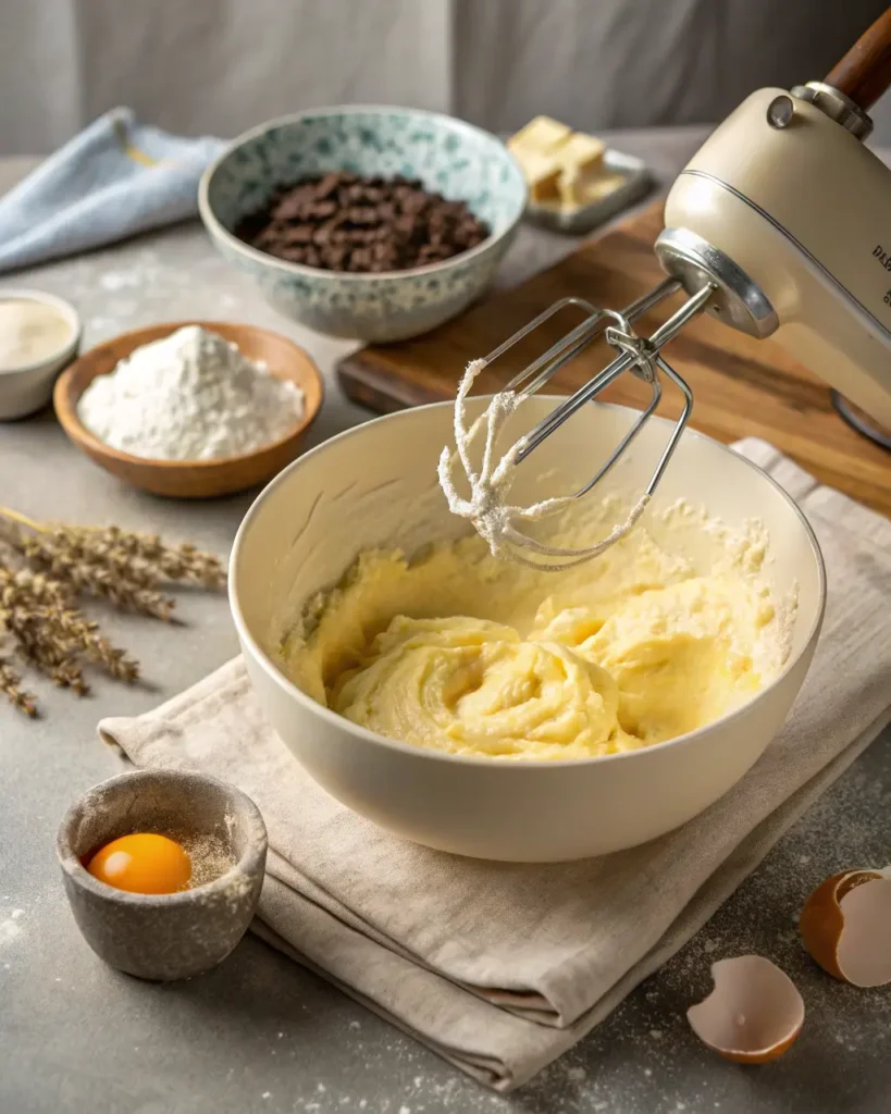 Cookie dough being mixed in a bowl with an electric hand mixer on a kitchen counter.