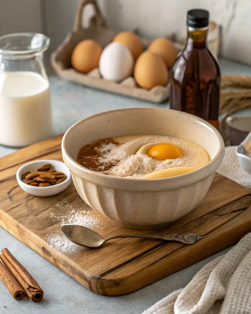 A mixing bowl filled with cinnamon donut bread ingredients, including flour, eggs, and sugar.
