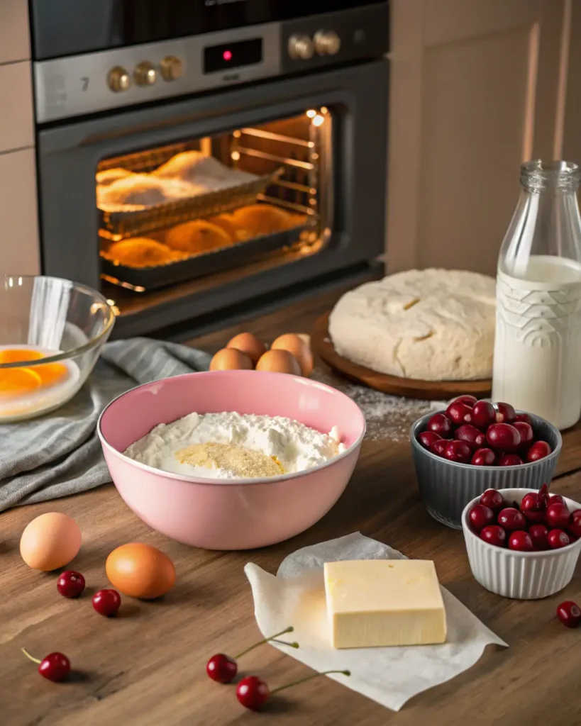 Baking ingredients and cherries arranged on a kitchen counter with cake baking in the oven.