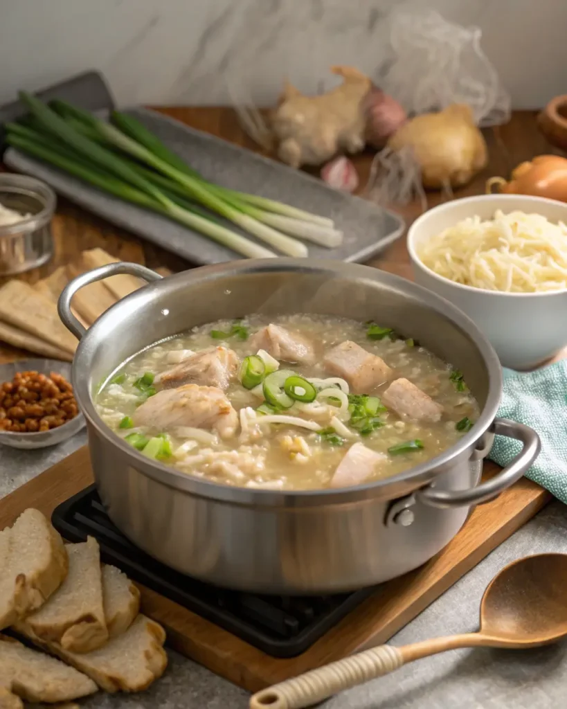 A pot of simmering chicken long rice with noodles, green onions, and tender chicken pieces.