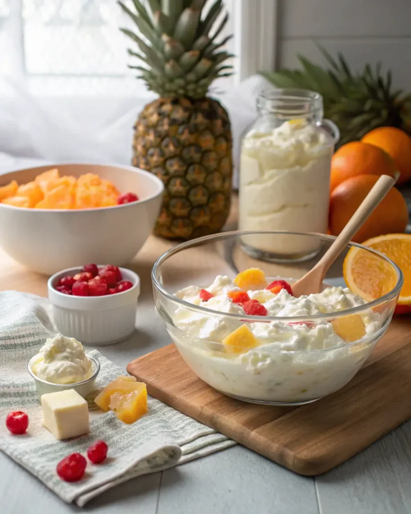 A glass bowl of creamy ambrosia salad surrounded by fresh fruit and whipped topping.