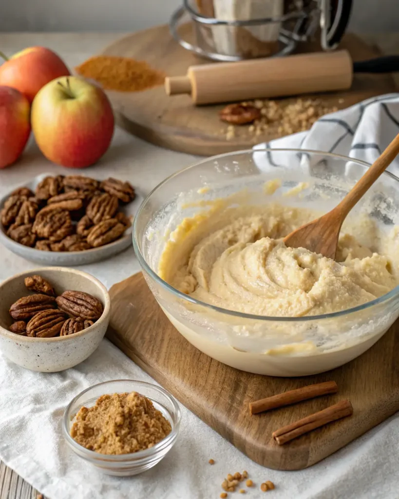 applesauce coffee cake recipe Batter for applesauce coffee cake in a mixing bowl surrounded by fresh ingredients.