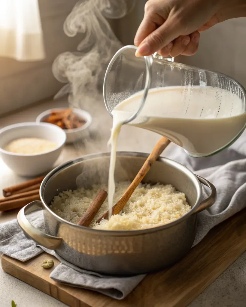 Pouring warm milk into simmering rice with cinnamon sticks in a steaming pot.