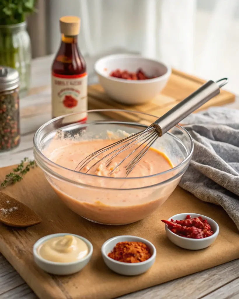 A glass bowl of Bang Bang Sauce being whisked, surrounded by its key ingredients on a wooden board.
