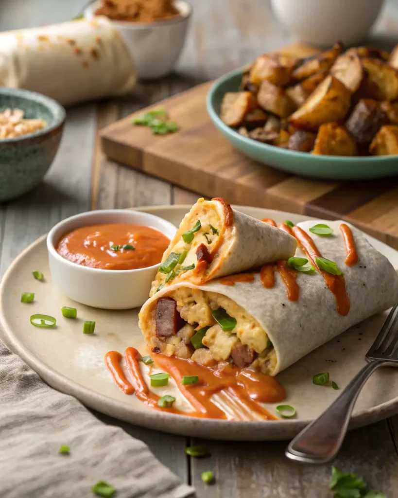 Breakfast burrito cut open and drizzled with chipotle sauce, served with roasted potatoes.