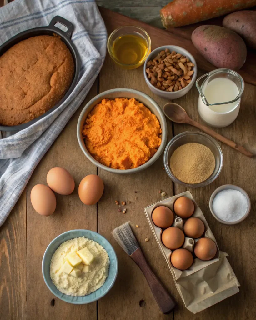 Flat lay of sweet potato cornbread ingredients on a rustic wooden table.