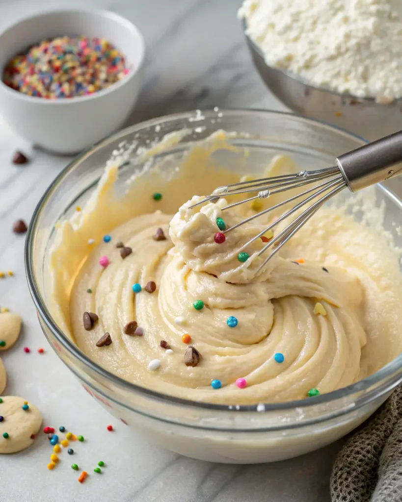 Funfetti blondie batter in a glass bowl with colorful jimmies sprinkles and a whisk mixing the smooth, creamy mixture.