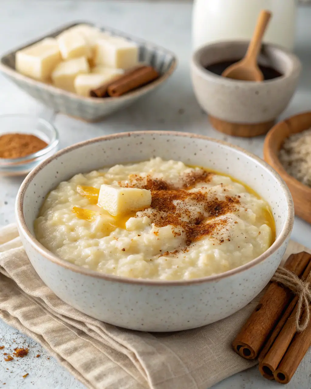 Creamy Irish rice pudding in a bowl topped with melting butter and sprinkled cinnamon, with cinnamon sticks and sugar cubes nearby.