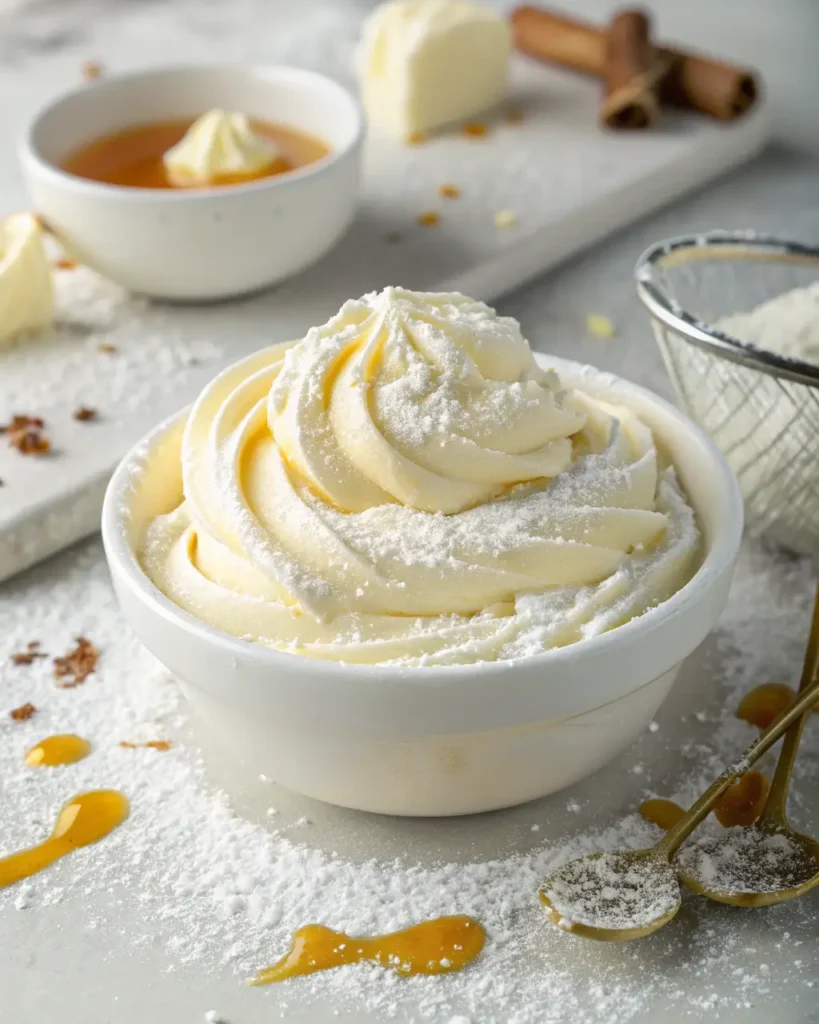 Creamy cream cheese frosting in a white bowl dusted with powdered sugar and caramel drizzle.