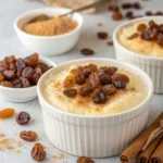 Individual servings of old fashioned rice pudding in white ramekins topped with cinnamon and raisins, with cinnamon sticks and brown sugar nearby.