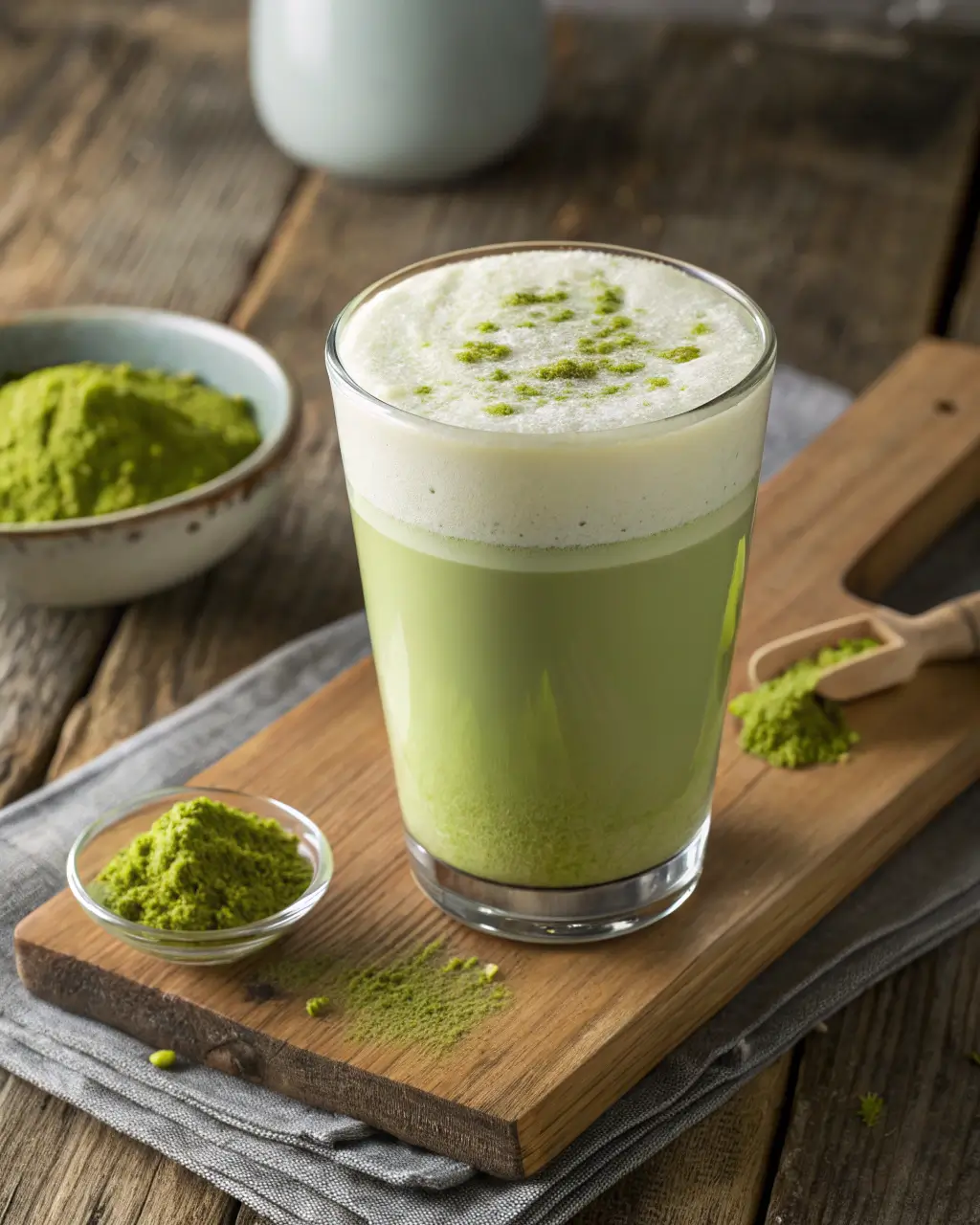 Creamy matcha green tea latte with frothy milk and ceremonial grade matcha powder on wooden board