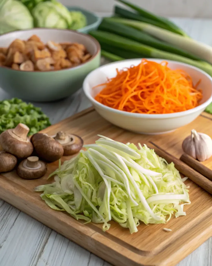Freshly chopped vegetables for vegetable egg rolls, including carrots, cabbage, and mushrooms.