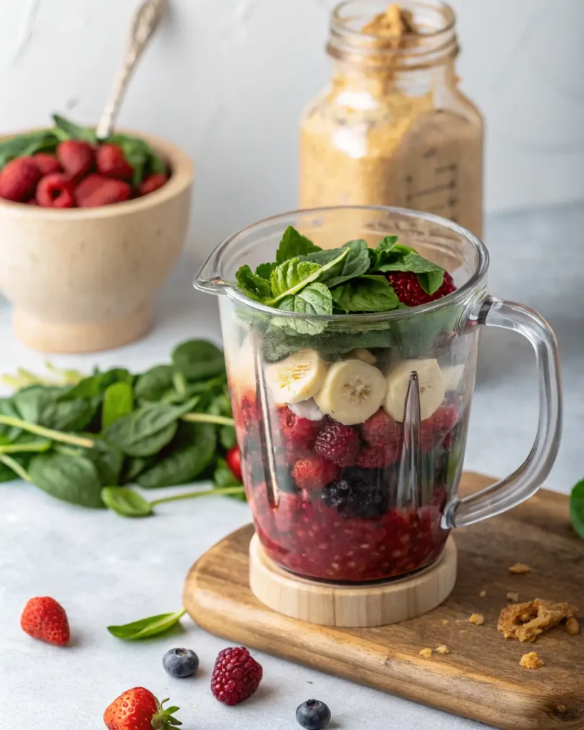 Layered smoothie ingredients berries, banana, and spinach—in a blender ready to mix.