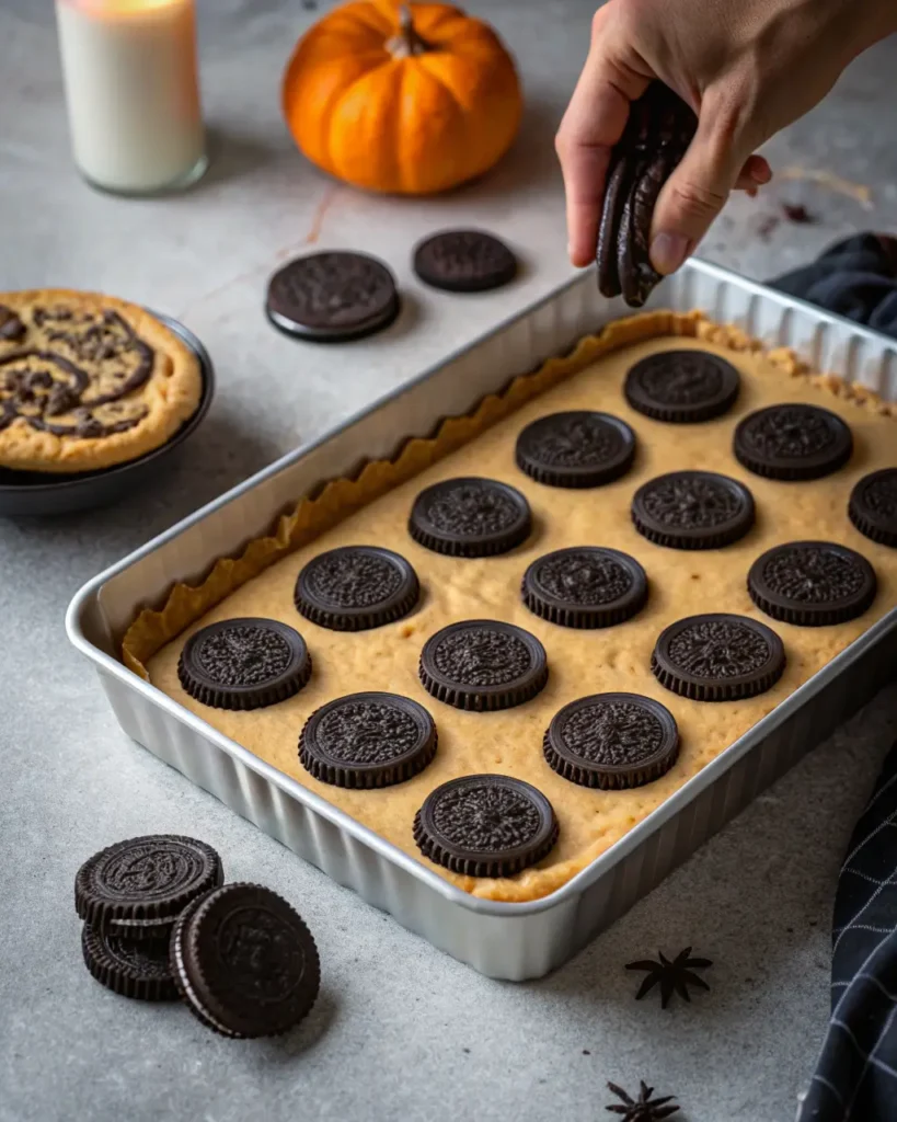 A hand places whole Oreo cookies in neat rows over a cookie dough layer in a baking pan.