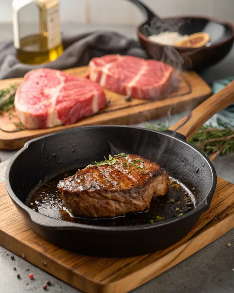 A seared steak cooking in a cast iron skillet with herbs and oil.