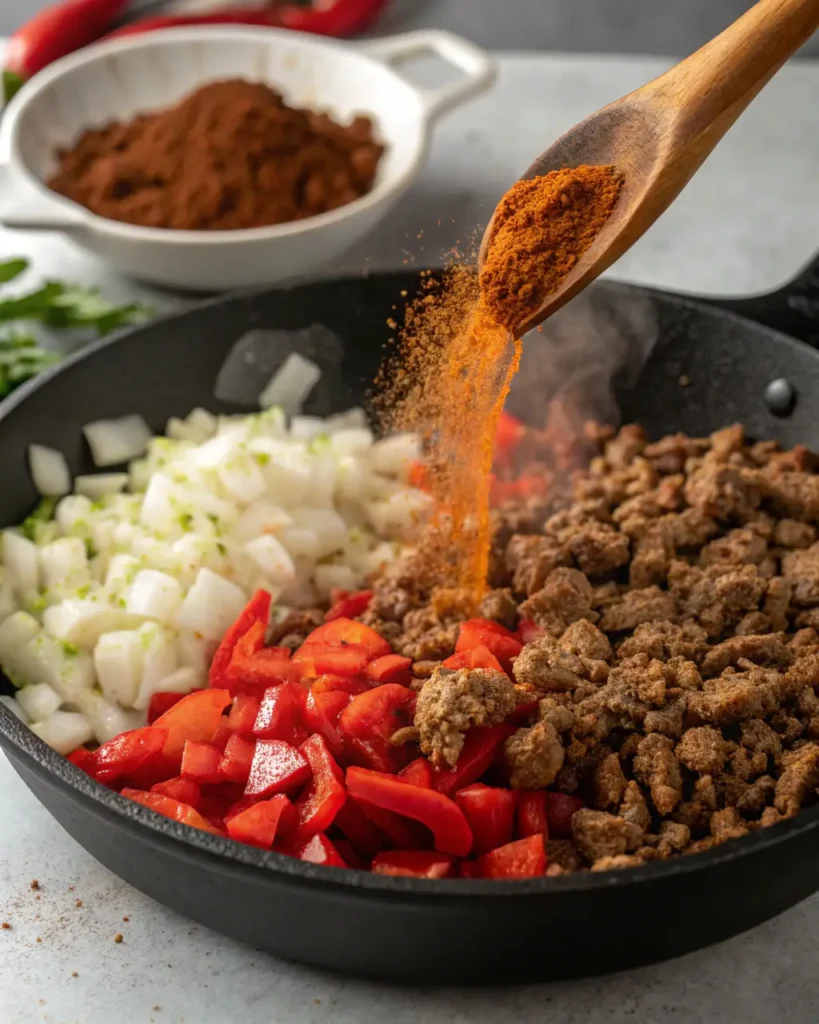 Spices being sprinkled over ground meat, chopped onions, and red bell peppers in a hot skillet.