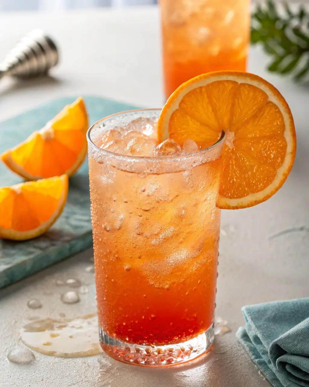 A vibrant Orange Crush drink garnished with an orange wheel and surrounded by slices.