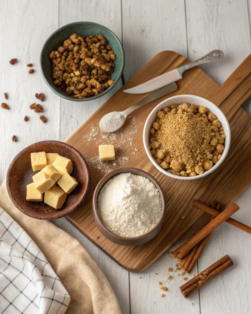 Ingredients for cinnamon streusel topping arranged neatly on a wooden board.