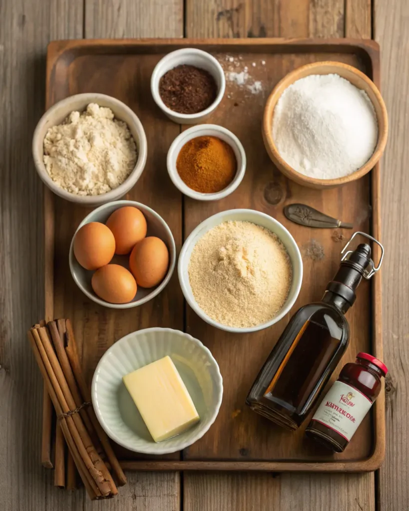 A tray of ingredients for baking cinnamon donut bread, including eggs, spices, and butter.