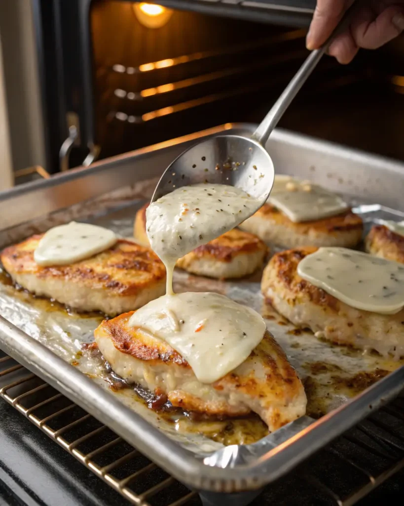 Spoon drizzling creamy sauce over baked chicken breasts topped with melted cheese in the oven.